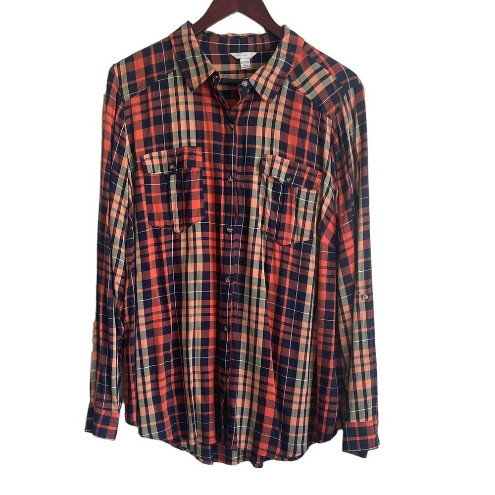 Women Western Cabincore Button Up Top 18/20W Orange Plaid Rustic Earthy Granola